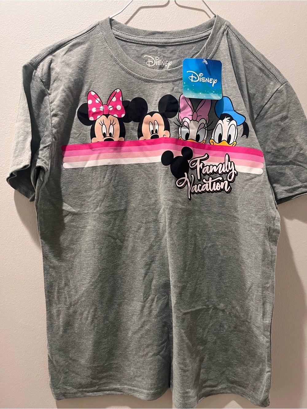 Disney Gray Tee with Minnie, Mickey, Daisy & Donald and Pink Stripe Accents